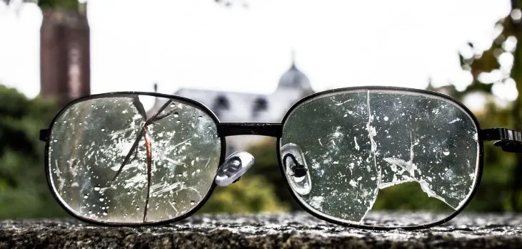 close up of broken eyeglasses